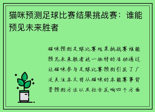 猫咪预测足球比赛结果挑战赛：谁能预见未来胜者