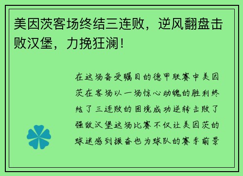 美因茨客场终结三连败，逆风翻盘击败汉堡，力挽狂澜！