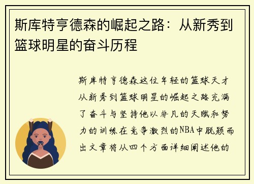 斯库特亨德森的崛起之路：从新秀到篮球明星的奋斗历程
