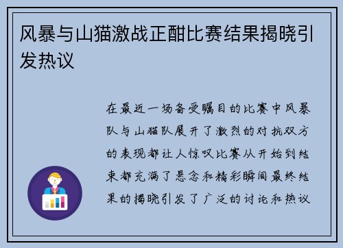 风暴与山猫激战正酣比赛结果揭晓引发热议