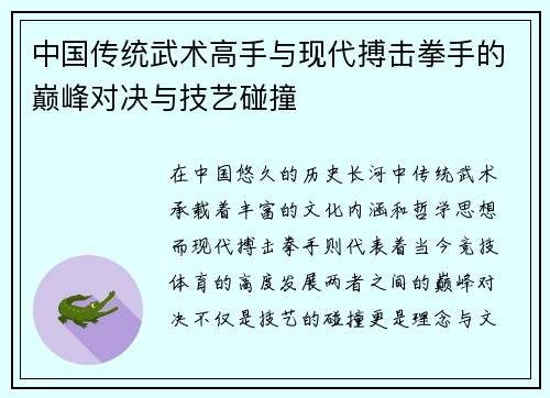 中国传统武术高手与现代搏击拳手的巅峰对决与技艺碰撞