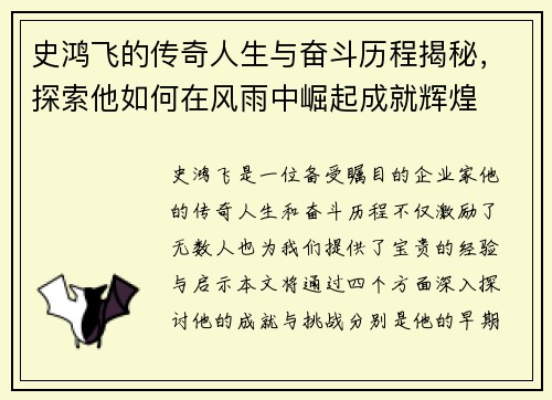 史鸿飞的传奇人生与奋斗历程揭秘，探索他如何在风雨中崛起成就辉煌