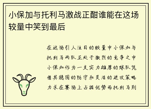 小保加与托利马激战正酣谁能在这场较量中笑到最后