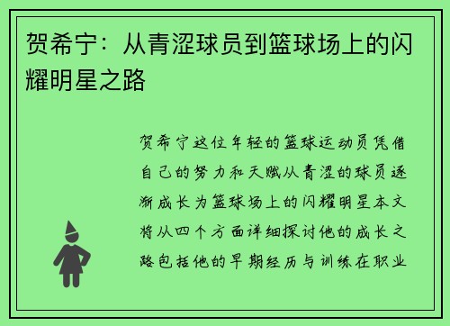 贺希宁：从青涩球员到篮球场上的闪耀明星之路