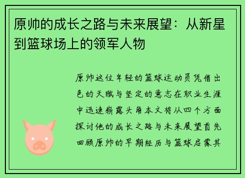 原帅的成长之路与未来展望：从新星到篮球场上的领军人物
