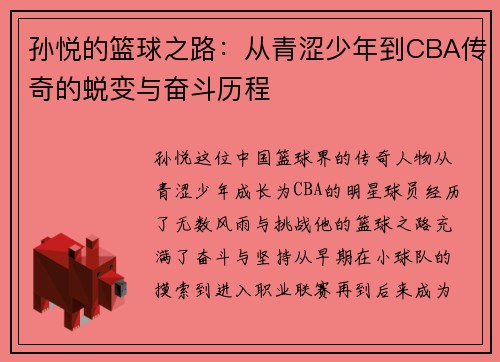 孙悦的篮球之路：从青涩少年到CBA传奇的蜕变与奋斗历程