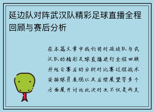 延边队对阵武汉队精彩足球直播全程回顾与赛后分析
