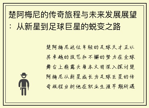 楚阿梅尼的传奇旅程与未来发展展望：从新星到足球巨星的蜕变之路