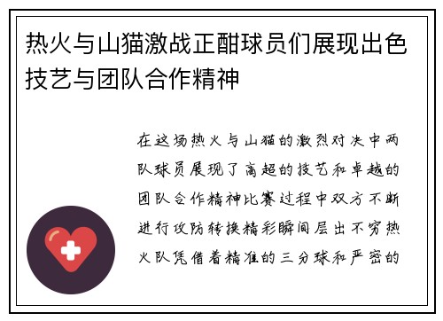 热火与山猫激战正酣球员们展现出色技艺与团队合作精神