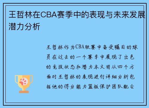 王哲林在CBA赛季中的表现与未来发展潜力分析